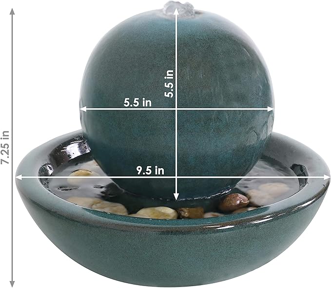 Sunnydaze Tabletop Ceramic Tabletop Fountain with Orb - Relaxing Indoor Fountain for Meditation - for Office, Bedroom, or Living Room - Teal