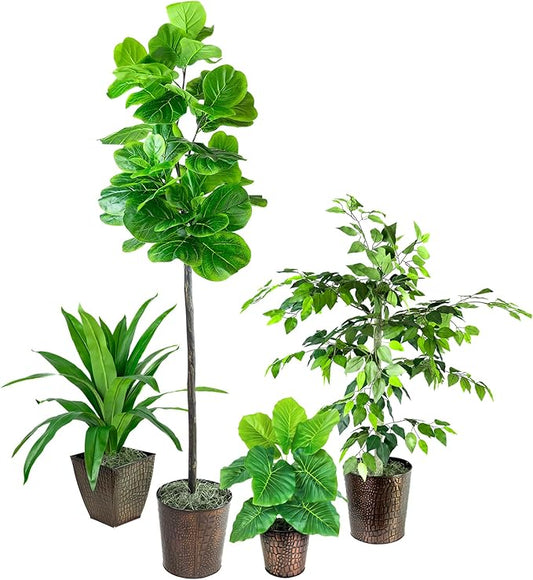 LCG Florals- Set of 4 Ficus Trees in Copper Metal Pots with Real-Wood Trunks - Indoor and Outdoor Faux Plants for Patio, Living Rooms, Offices & Kitchens