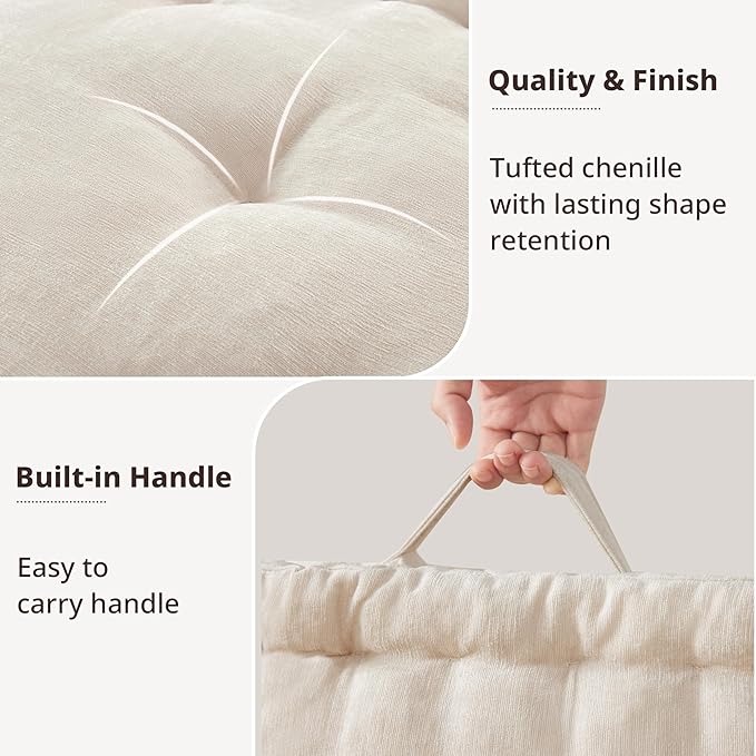 Intelligent Design Large Floor Pillow for Adults Yoga or Meditation Cushion with Handle, Floor Cushion for Board Games, Lustrous Chenille Tufted, Handsewn Scalloped Edge, Azza, 24" x 24" x 5" Ivory