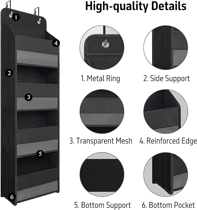 Over Door Organizer with 4 Large Capacity Pockets, Heavy Duty Hanging Organizer Storage for Closet Bathroom Nursery Bedroom Dorm, Toys Cosmetics Sundries and Baby Essentials, Black