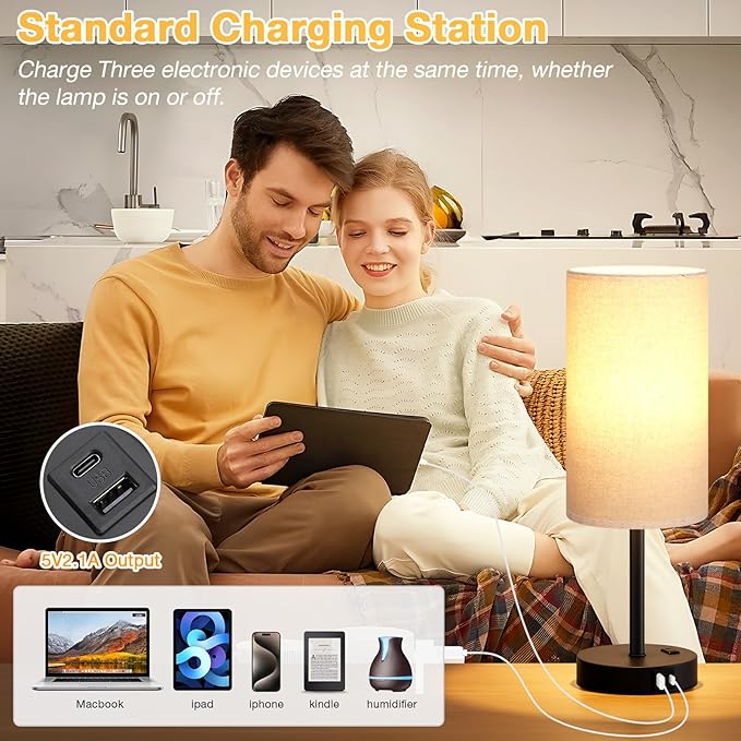 Dicoool Tall Touch Bedside Table Lamp with USB - 3 Way Dimmable Black Lamps for Bedroom Nightstand, Desk Lamp with Black Charging Station for Dorm, Office, Kids Room