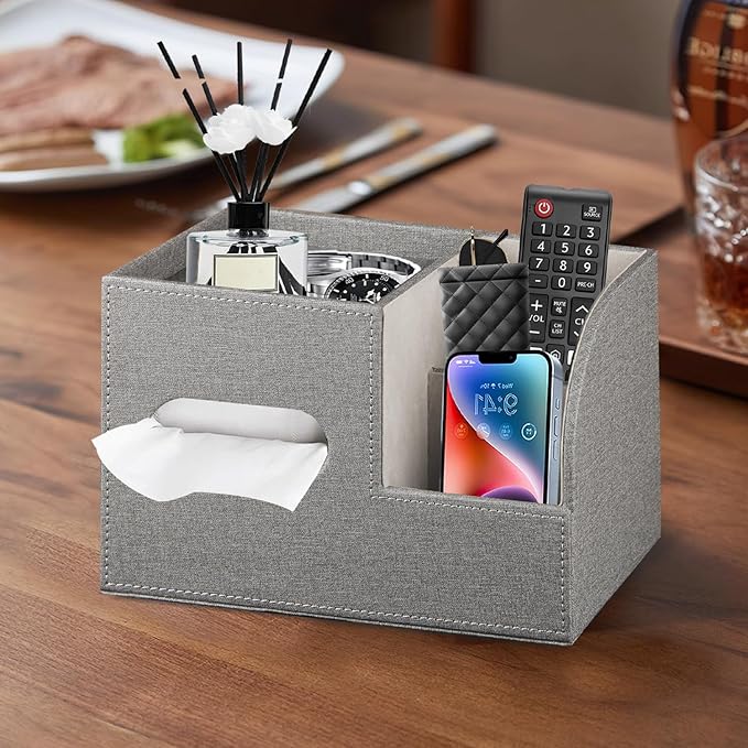 Leather Square Tissue Box Cover with Storage Tray,Cube Tissue Box Holder,Modern Facial Paper Organizer with Remote Control Holder for Bathroom,Vanity Countertop,End Table NightStand Home Office.Grey