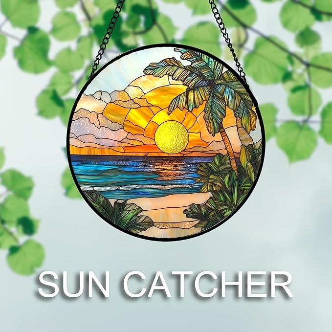 Stained Glass Window Hanging 4 Pcs Set Blue Ocean Coconut Tree Scenery Large 11.8" - Suncatcher Door Garden Sun Catcher Decor Birthday Christmas for Mom Woman Nana Men