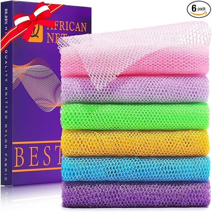 UJFQBH 6 Pieces African Bath Sponge African Net Long Net Bath Sponge Exfoliating Shower Body Scrubber Back Scrubber Skin Smoother,Great for Daily Use (Purple, Purple, Pink, Orange, Blue, Green)