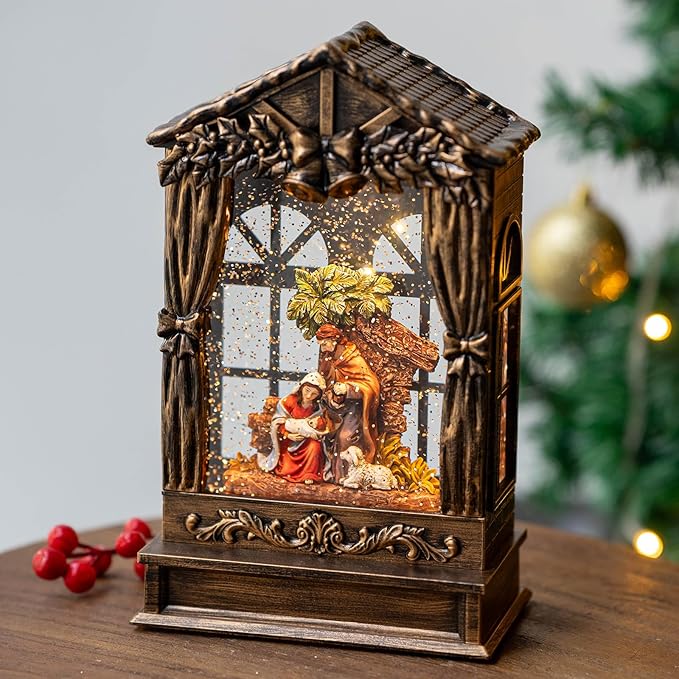 Christmas Snow Globe Lighted Manger Nativity Scene, Musical Holy Family Water Creche Play Silent Night Music in Swirling Glitter, Holiday Decorations Gifts for Family, Children or Friends