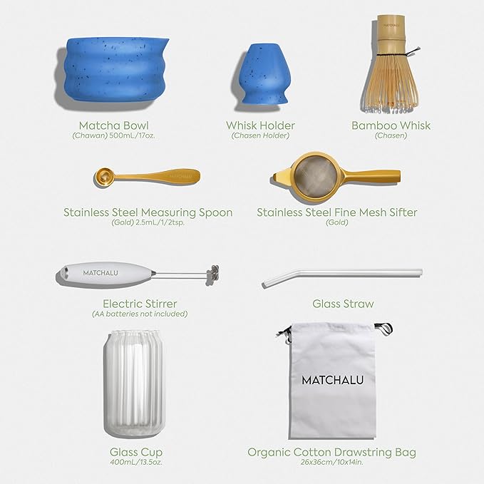 Matcha Whisk Set With Ceramic Matcha Bowl, Bamboo Whisk & Holder, Stainless Steel Spoon & Sifter, Glass Cup & Straw, Electric Frother, Storage Bag - Gift for Matcha Lovers (Premium 9-Piece Set Blue)