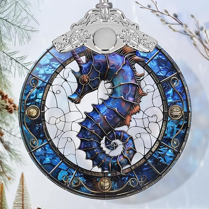 Sea Horse Stained Glass Orament - Christmas Ornament - Christmas Decorations for Tree - Holiday Present ldeas - Gift Exchange