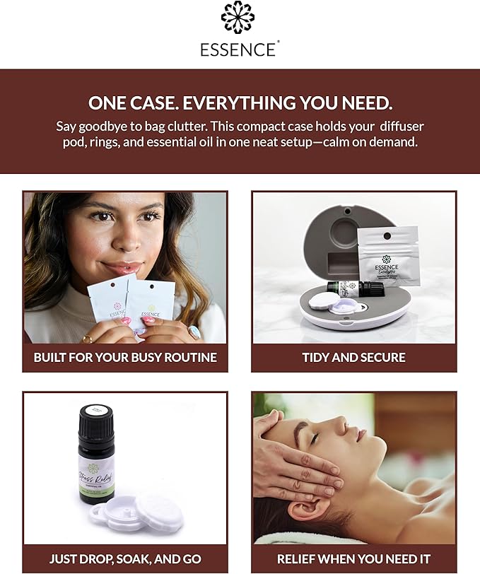 Essence Pearl Travel Case - Wearable Aromatherapy Kit with Nasal Diffuser Rings, Soaking Bay, and 5mL Essential Oil – Portable Wellness Gift Set for On?The?Go Self Care