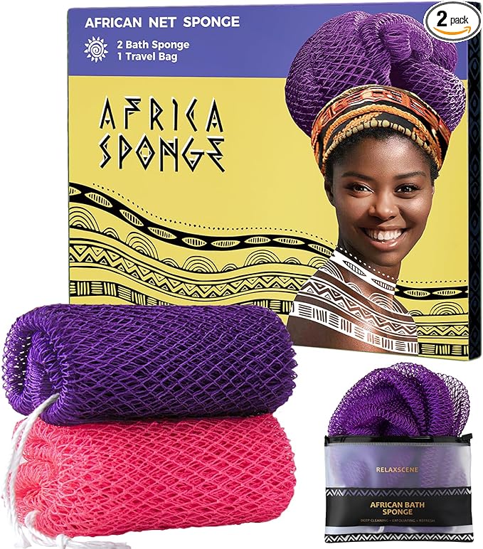 African Net Sponge Authentic - 2 Pieces Loofah Exfoliating Body Scrubber Bath Sponge - Back Scrubber Washcloth for Shower - Real African Scrub Exfoliator Body Care Bathing Accessories for Women