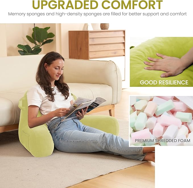 Portable Comfy Reading Pillows for Bed Sitting Up(Yellow Oeko-Tex), Velvet Back Pillow with Arms & Pockets for Adults, Support Memory Foam Bed Pillow for Dorm/Reading/Watching/Gaming
