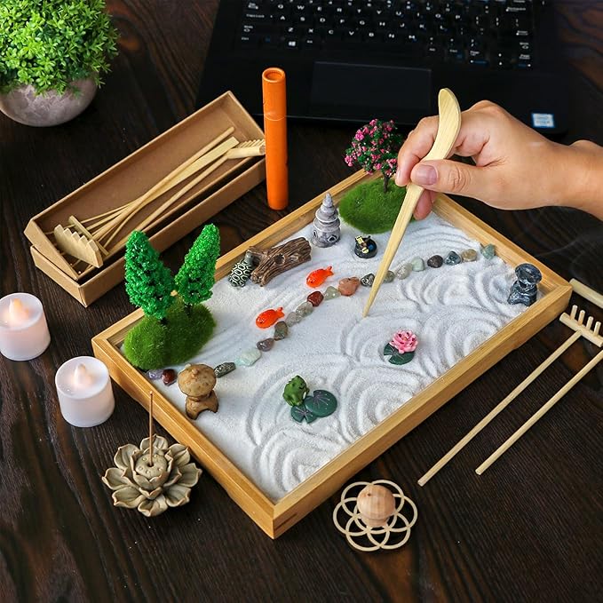Tabletop Zen Garden Kit Set - Mini Rock Sand Garden Zen Gift Set for Home Office Desk Japanese Decor 7 Zen Tools Mini Rakes 21 Accessories Bamboo Sand Tray Therapy Desktop Meditation Room Gifts