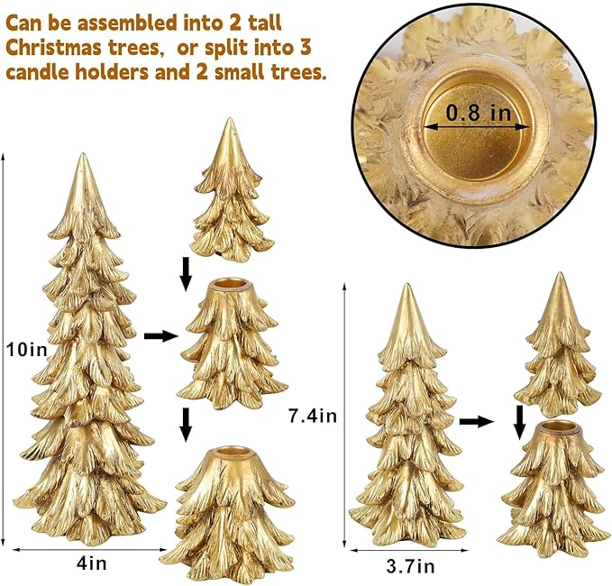 Christmas Table Decorations, Vintage Xmas Golden Resin Tree Candle Holders Set, Combined into Golden Tabletop Pine Tree for Holiday Wedding Party Mantle Fireplace Dining Room Centerpieces