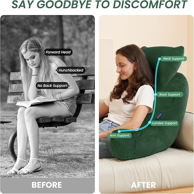 Portable Reading Pillows with Headrest for Bed Sitting Up(Green Oeko-Tex), Velvet Back Pillow with Arms & Pockets for Adults, Support Memory Foam Bed Pillow for Dorm/Reading/Watching/Gaming