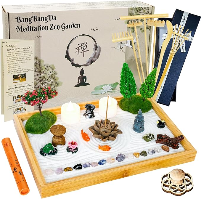 Tabletop Zen Garden Kit Set - Mini Rock Sand Garden Zen Gift Set for Home Office Desk Japanese Decor 7 Zen Tools Mini Rakes 21 Accessories Bamboo Sand Tray Therapy Desktop Meditation Room Gifts