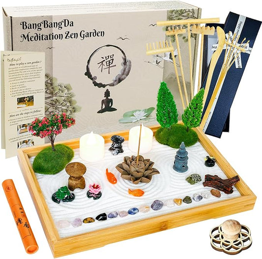 Tabletop Zen Garden Kit Set - Mini Rock Sand Garden Zen Gift Set for Home Office Desk Japanese Decor 7 Zen Tools Mini Rakes 21 Accessories Bamboo Sand Tray Therapy Desktop Meditation Room Gifts