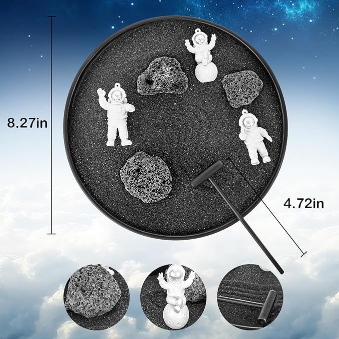 Space Zen Garden for Desk – 8.2" Round Mini Desktop Sand Garden with Astronauts, Black Sand, Stones & Rake Relaxation & Mindfulness Decor for Home Office, Unique Decoration Gifts for Family and Friend