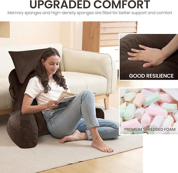 Portable Reading Pillows with Headrest for Bed Sitting Up(Brown Oeko-Tex), Velvet Back Pillow with Arms & Pockets for Adults, Support Memory Foam Bed Pillow for Dorm/Reading/Watching/Gaming