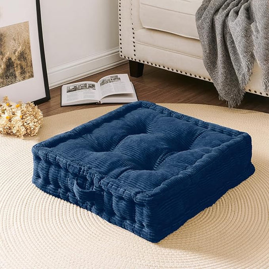 Wellsin Square Floor Pillows for Adults Kids - Meditation Floor Pillow Seating Cushion - Tufted Floor Cushion with Shredded Foam & Velvet Cover, 1 Pack, 20x20 Inch, Dark Blue
