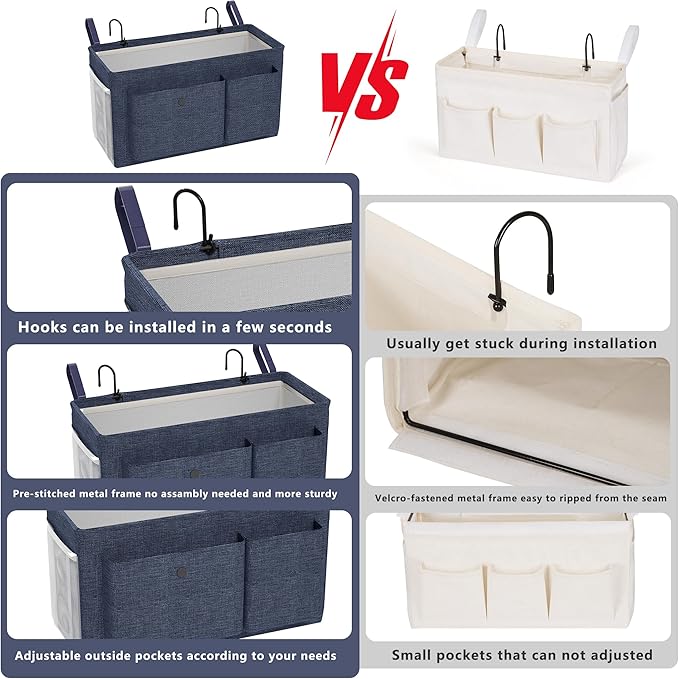 Bedside Caddy Bedside Organizer with Fixed Straps & Water Bottle Holder, Bunk Bed Caddy ideal for Home, Dorm, Hospital, Crib, Versatile Bedside Storage Solution (Navy)