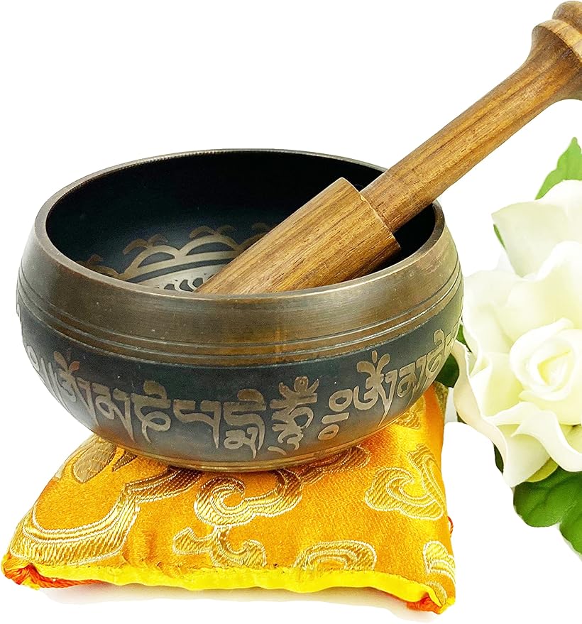 3392 SB Tibetan Auspicious Symbol Singing Bowl Set ~ Mallet Cushion Meditation Chakra Healing Prayer Yoga Mindfulness (SB-3392-E)