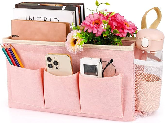 Bedside Organizer with Fixed Straps and Water Bottle Holder for Home, College, Dorm, Bunk, Hospital, Crib, Bed Rails - Pink
