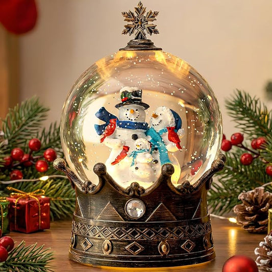 Snow Globe Lighted Christmas Decorations, Snowman Family Musical Crown Snow Globe Lantern with Swirling Glitter, Christmas Holiday Party Gifts and Decorations
