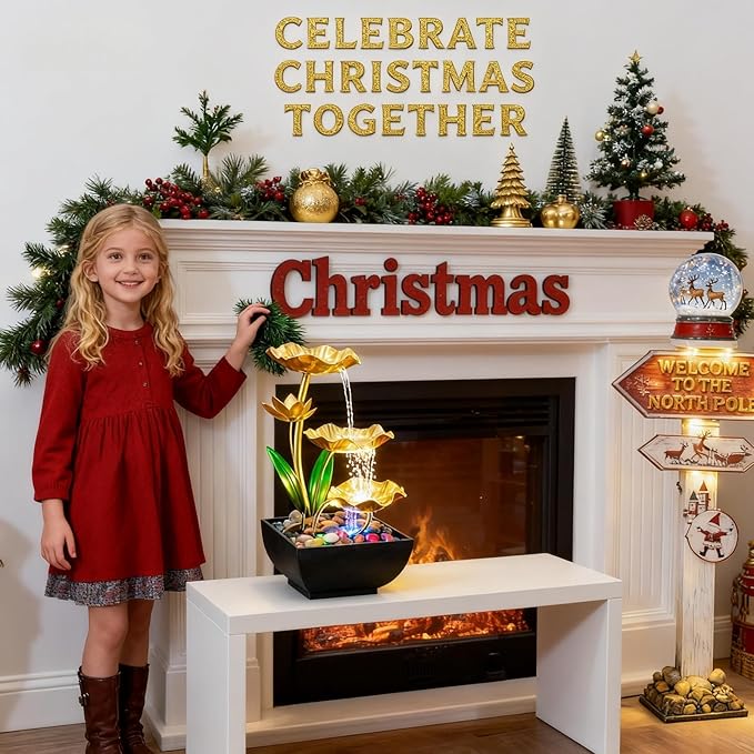 Gold Tabletop Water Fountain, Desktop Waterfall, Indoor Lotus Desktop Decorative Fountain, Home Bathroom Bedroom Decor.Thanksgiving Gift