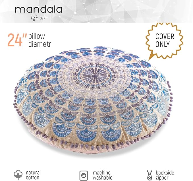 Mandala Life ART Bohemian Meditation Cushion Cover –Luxury, Artisan Room Décor Floor Pillow Case for Yoga, and Boho Chic Seating Area Floor Pillow – Accent Your Living Room, Bedroom, Kids