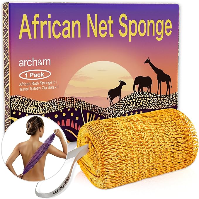 African Net Loofah Sponge Authentic - Real African Exfoliating Sponge with Knots African Net Wash Cloths Body Scrubber Exfoliator Afro Scrubber Back Scrub for Shower Bath Accessories Golden by ARCH&M