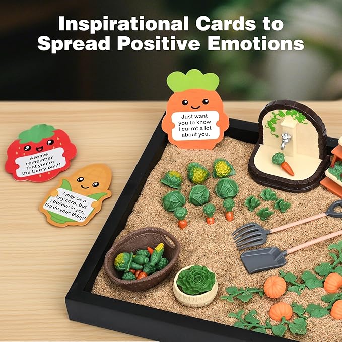 Dreamon Zen Sand Garden for Desk - Vegetable Gardening Themed Sand Tray Therapy Kit with 56 Accessories & Encouragement Cards - Meditation Room & Office Stress Relief Toy - Funny and Novelty Gift Idea