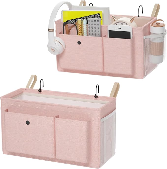 Bedside Caddy Bedside Organizer with Fixed Straps & Water Bottle Holder, Bunk Bed Caddy ideal for Home, Dorm, Hospital, Crib, Versatile Bedside Storage Solution (Pink 2pcs)