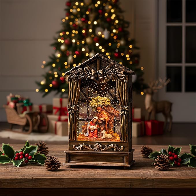 Christmas Snow Globe Lighted Manger Nativity Scene, Musical Holy Family Water Creche Play Silent Night Music in Swirling Glitter, Holiday Decorations Gifts for Family, Children or Friends