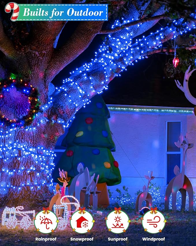 125FT 380LED Blue Christmas Lights, Extra Long Outdoor String Lights Waterproof, Timer & Memory, 8 Modes Dimmable Plug in Fairy Lights for Outside Tree Wedding Patry Holiday Decorations