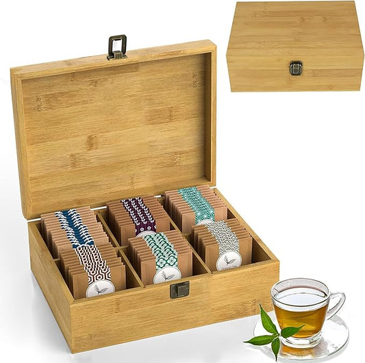 Tea Organizer Box Food Safe Chemical Free Bamboo Storage Chest Tall, Adjustable Cubbies (6-Slot 11" x 8.1" x 4.2" Blank)