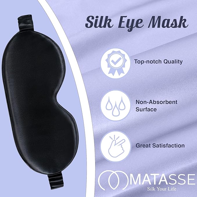 MATASSE Silk Eye Mask for Sleeping with Adjustable Elastic Band - 3D Contoured, Eye Cover Sleep Mask w/Genuine Mulberry Silk Including The Strap for Women, Men (Black)