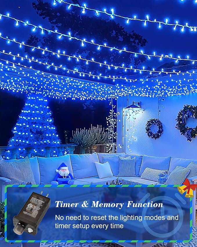 125FT 380LED Blue Christmas Lights, Extra Long Outdoor String Lights Waterproof, Timer & Memory, 8 Modes Dimmable Plug in Fairy Lights for Outside Tree Wedding Patry Holiday Decorations