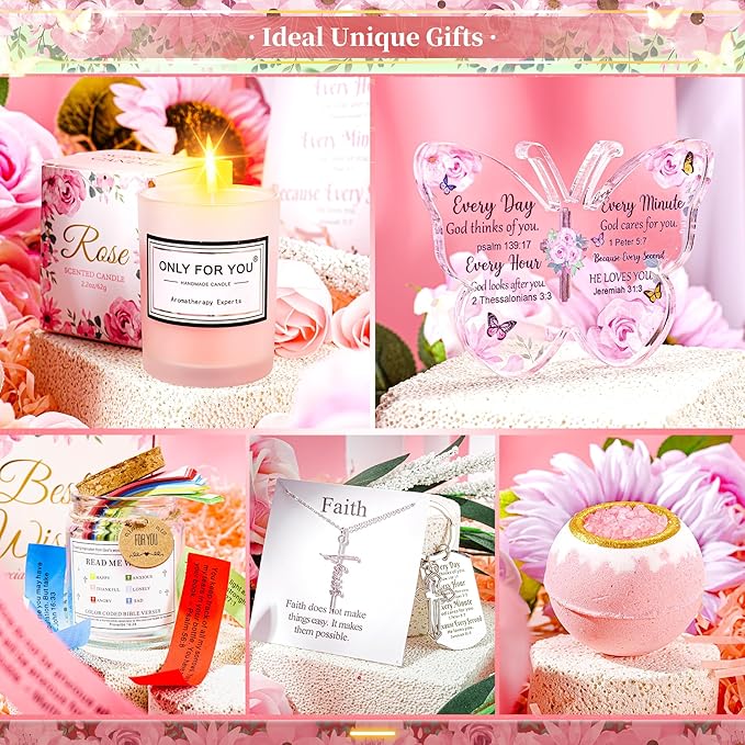 Fortuning's JDS 13PCS Christian Gifts for Women Faith, Pink Birthday Gifts for Women, Inspirational Gifts,Self Care Gifts Get Well Soon Gifts Basket, Care Package for Mom Wife Her Sister Best Friends