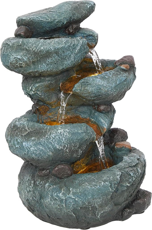 Alpine Corporation TZL418 14" 3 Tier Rock Fountain with LED Lights, Elegant Cascading Water Feature for Tabletop, Indoor Decor, Relaxing Stone Waterfall for Home & Office, Gray