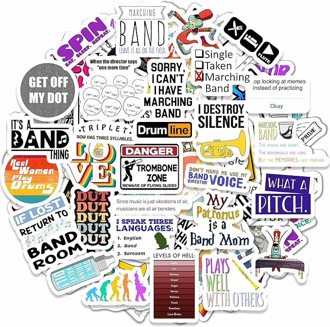 BulbaCraft 100Pcs Marching Band Stickers and Laptop Decals - Drummer Gifts, Marching Band Stuff, Gifts for Women & Men