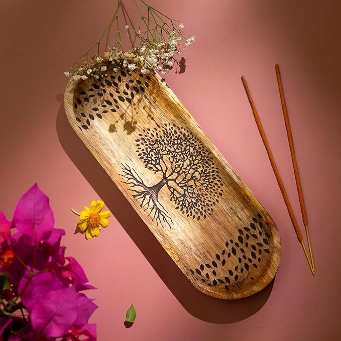 Incense Holder for Sticks Hand Carved - Tree of Life - Incense Burner/Ash Catcher- Handmade Wooden Insence Tray – Modern Gift Home/Room/Kitchen Décor 11x4x1.5 Inch