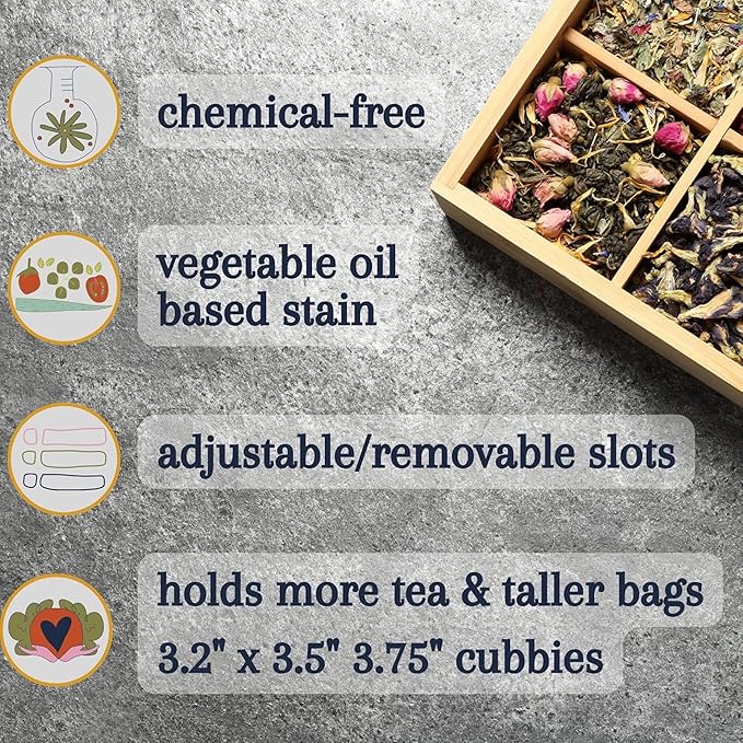 Tea Organizer Box Food Safe Chemical Free Bamboo Storage Chest Tall, Adjustable Cubbies (6-Slot 11" x 8.1" x 4.2" Blank)