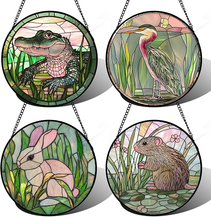 Stained Glass Window Hanging 4 Pcs Set Cute Animal 9.8"- Green Plant Pink Suncatcher Door Garden Sun Catcher Decor Birthday Christmas for Mom Woman Nana Men Friend