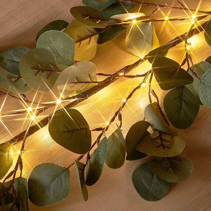 Hairui Lighted Artificial Eucalyptus Garland 6FT 96 LED Battery Operated Faux Vine Lights with Timer for Spring Wedding Backdrop Wall Decoration