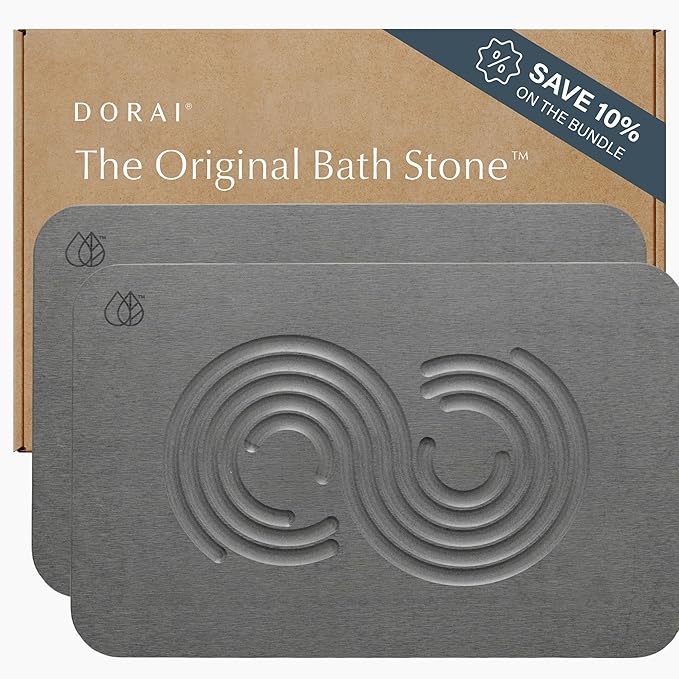 Dorai Home Bath Stone Mat 23.6"x15.4" (2-Pack) – Quick-Dry, Non-Slip Diatomite Stone Bath Mat for Bathroom, Zen Slate