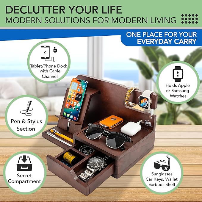 Nightstand Organizer- Bedside Docking Station for Men- Unique Gifts for Husband, Father or Dad from Wife, Son or Daughter- Desk Organizer for Phone, Watches, Wallet & Accessories (Brown)