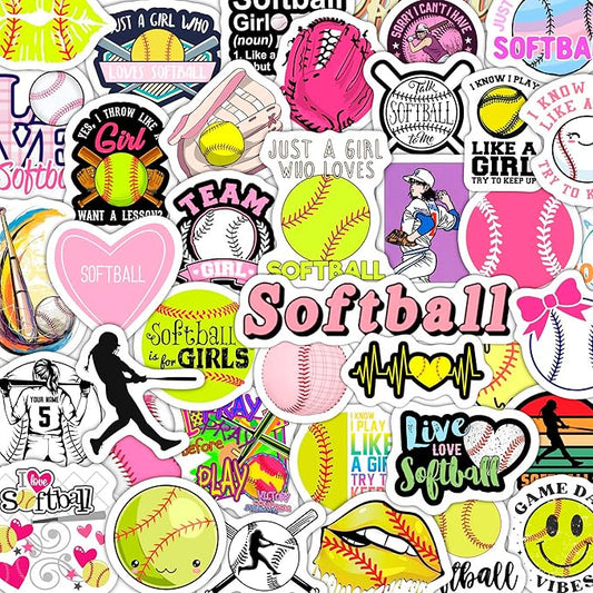 BulbaCraft 100Pcs Softball Stickers for Girls for Water Bottle and Laptop - Softball Party Favors & Decorations, Waterproof Vinyl Decals, Sports and Athlete Stickers, Gifts for Women & Men
