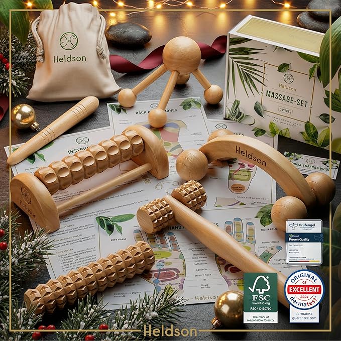 HELDSON® Wooden Therapy Massage Tools [6 Pieces] - Wood Rollers for Body Sculpting - Lymphatic Drainage Massager - Cellulite Tool - Maderoterapia Kit - Back Rolling Stick - Wellness Gifts Women, Men