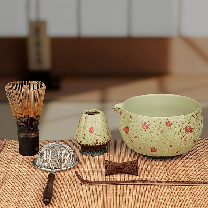 7-Piece Matcha Set with Ceramic Matcha Bowl, Bamboo Whisk (Chasen) & Holder, Sifter, Tea Scoop & Rest, Special Bamboo Tea Mat - Perfect Matcha Kit for Matcha Lovers & Gift Giving, Sakura