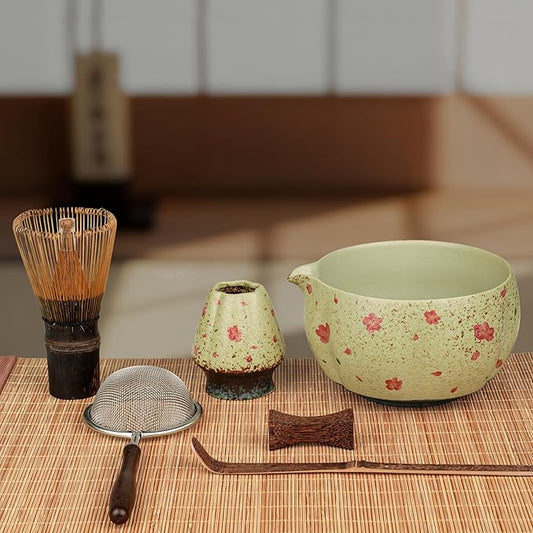 7-Piece Matcha Set with Ceramic Matcha Bowl, Bamboo Whisk (Chasen) & Holder, Sifter, Tea Scoop & Rest, Special Bamboo Tea Mat - Perfect Matcha Kit for Matcha Lovers & Gift Giving, Sakura