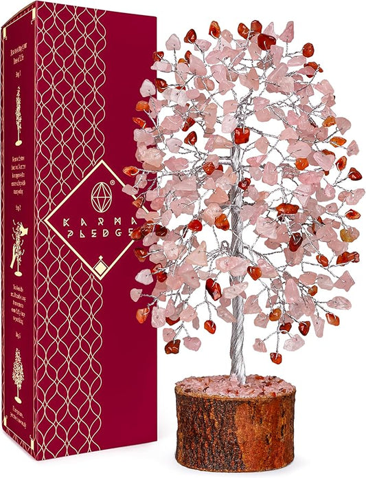 KARMAPLEDGE Healing Crystals Chakra Tree of Life for Positive Energy & Protection & Good Luck, Money, Feng Shui Decor for Home and Office Desk Decoration, Spiritual Gifts (Rose, Carnelian Dual Beads)
